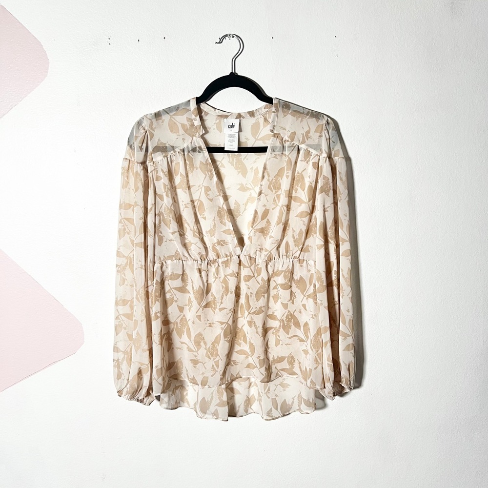 Cabi Womens Top Small Tan Cream Leaf Print Sheer Blouse Button Up Shirt